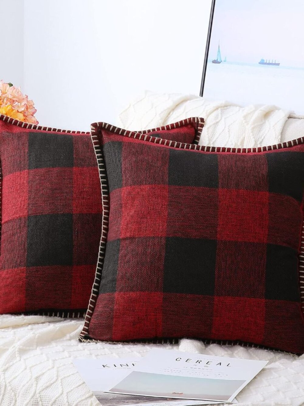 Set of 4 Buffalo Check Plaid Throw Pillow Covers – 20"x20" | Red & Black Farmhou